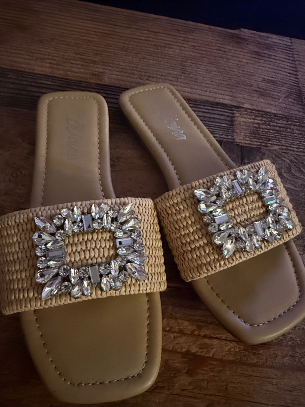 Liliana Tan Woven Slide Sandals with Crystal Buckle Size 6.5